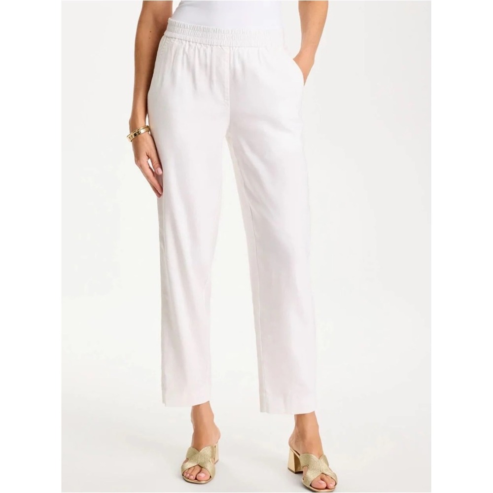 Chicos Linen Pull On Pants 3 White Elastic Waist Straight Leg